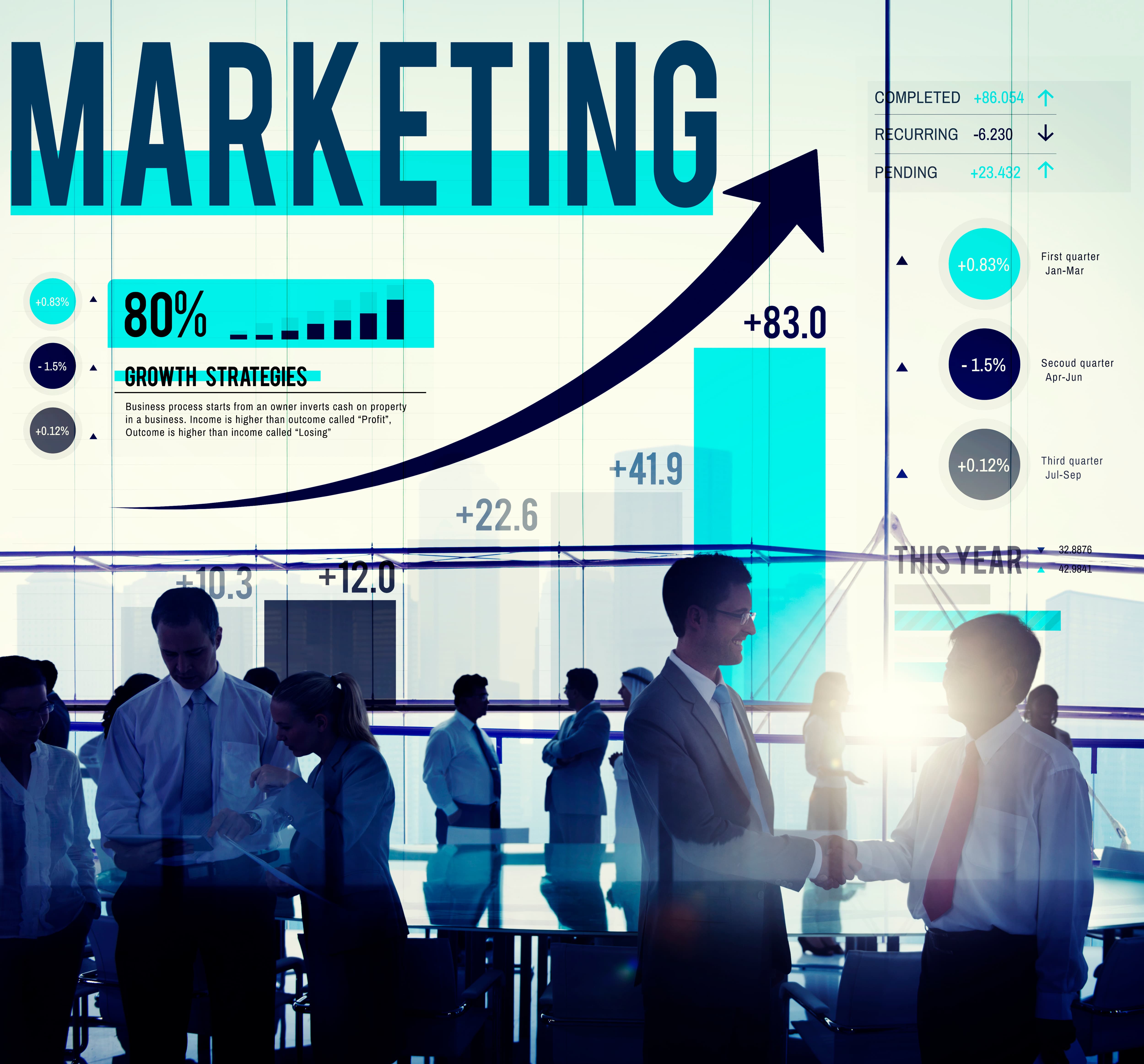Ambiente de agência de marketing com gráficos de métricas e estratégia