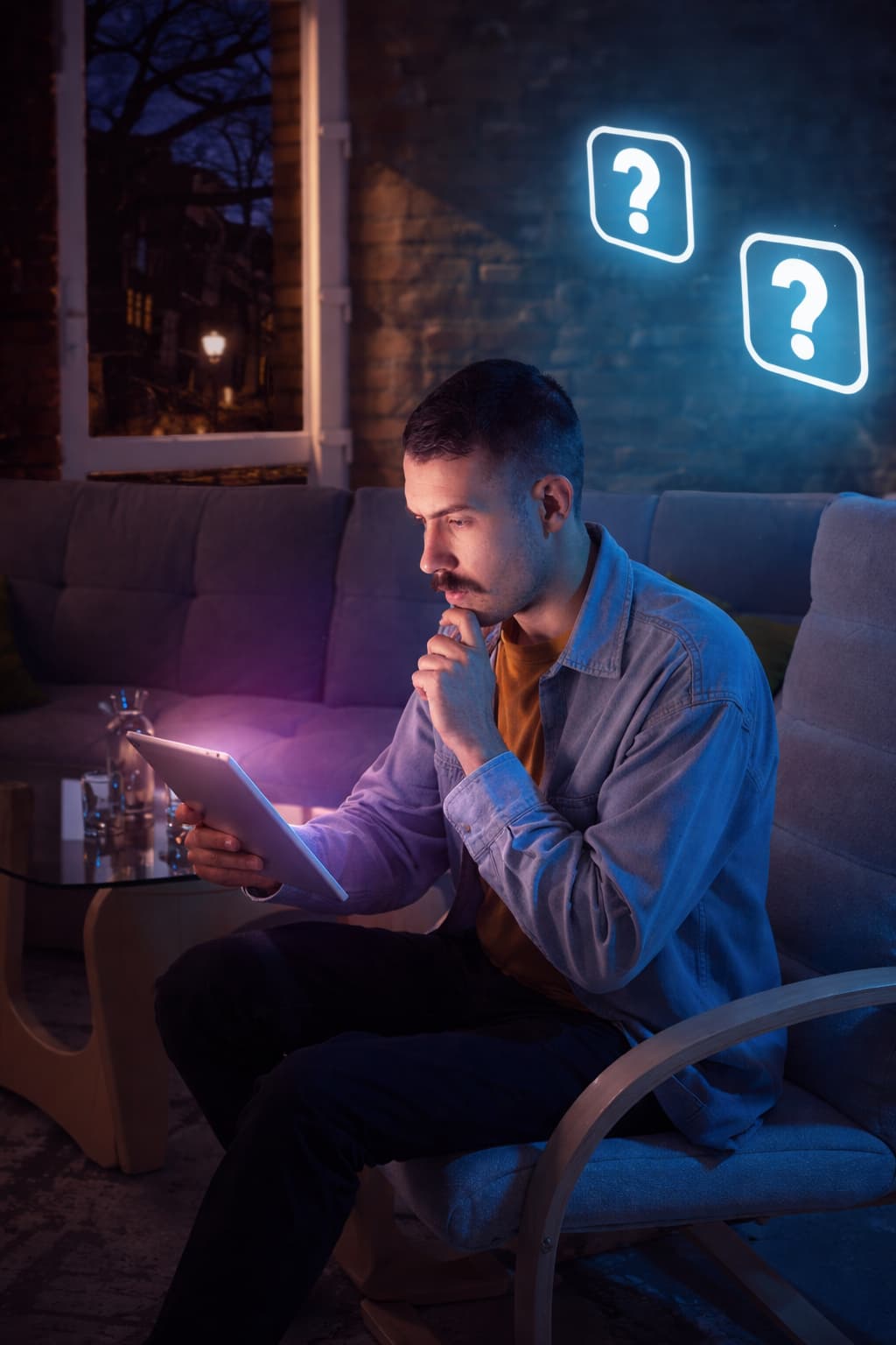 Pessoa pensativa com perguntas de FAQ iluminadas
